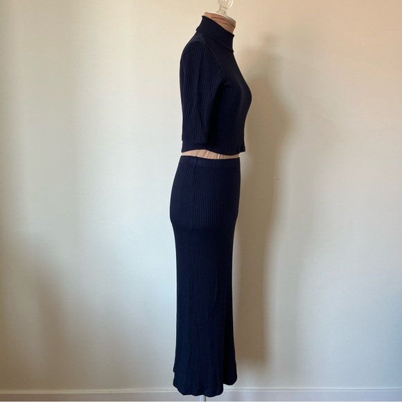 Reformation Navy Blue Ribbed Knit Leia Turtleneck Top Midi Skirt Set EUC Small - Picture 2 of 12